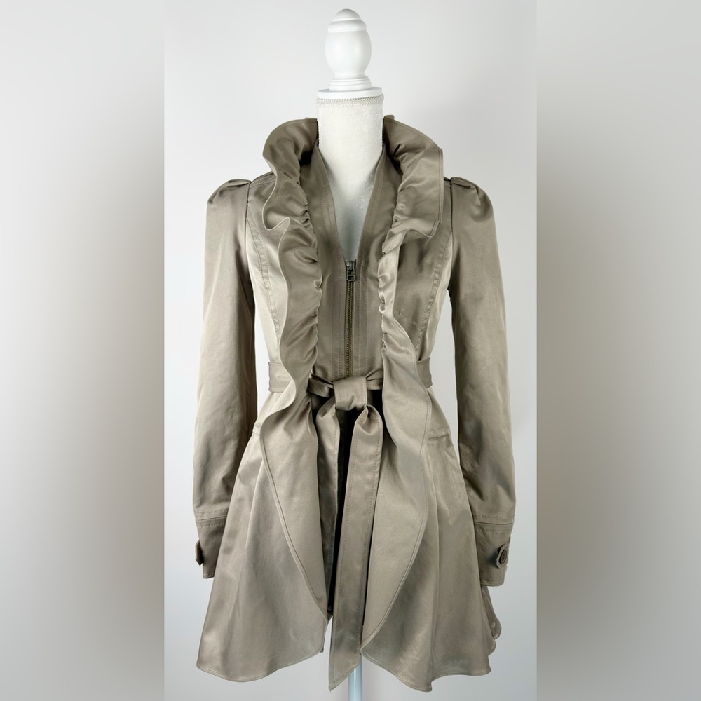 Anthropologie Idra Clinton Tan Ruffle Zip Front Tie Trench Coat Jacket Size 2